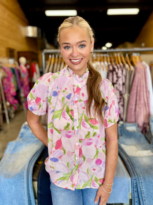 Smocked Floral Puff Blouse