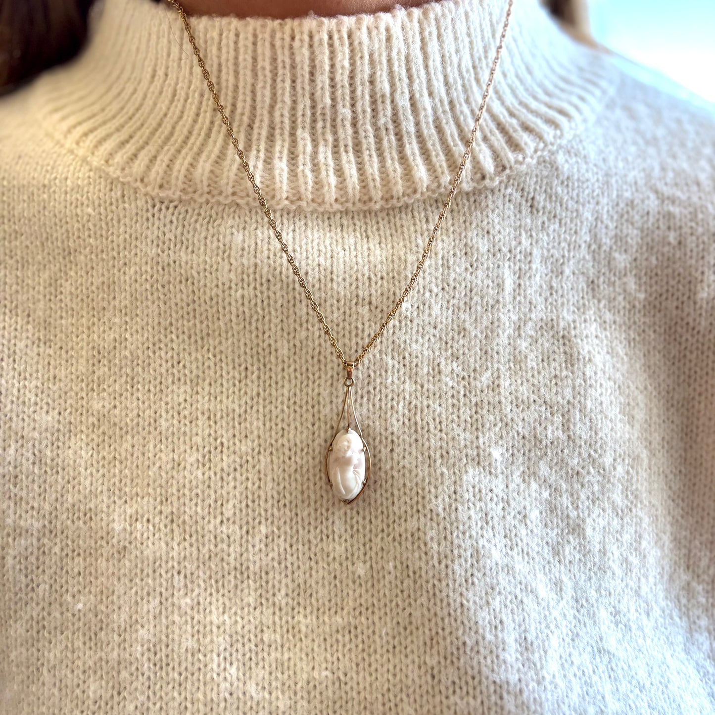 10K Gold Carved Pink Cameo Pendant With Gold Filled Chain