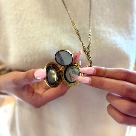 Antique 4-Way Picture Engraved Locket on Gold Filled Chain