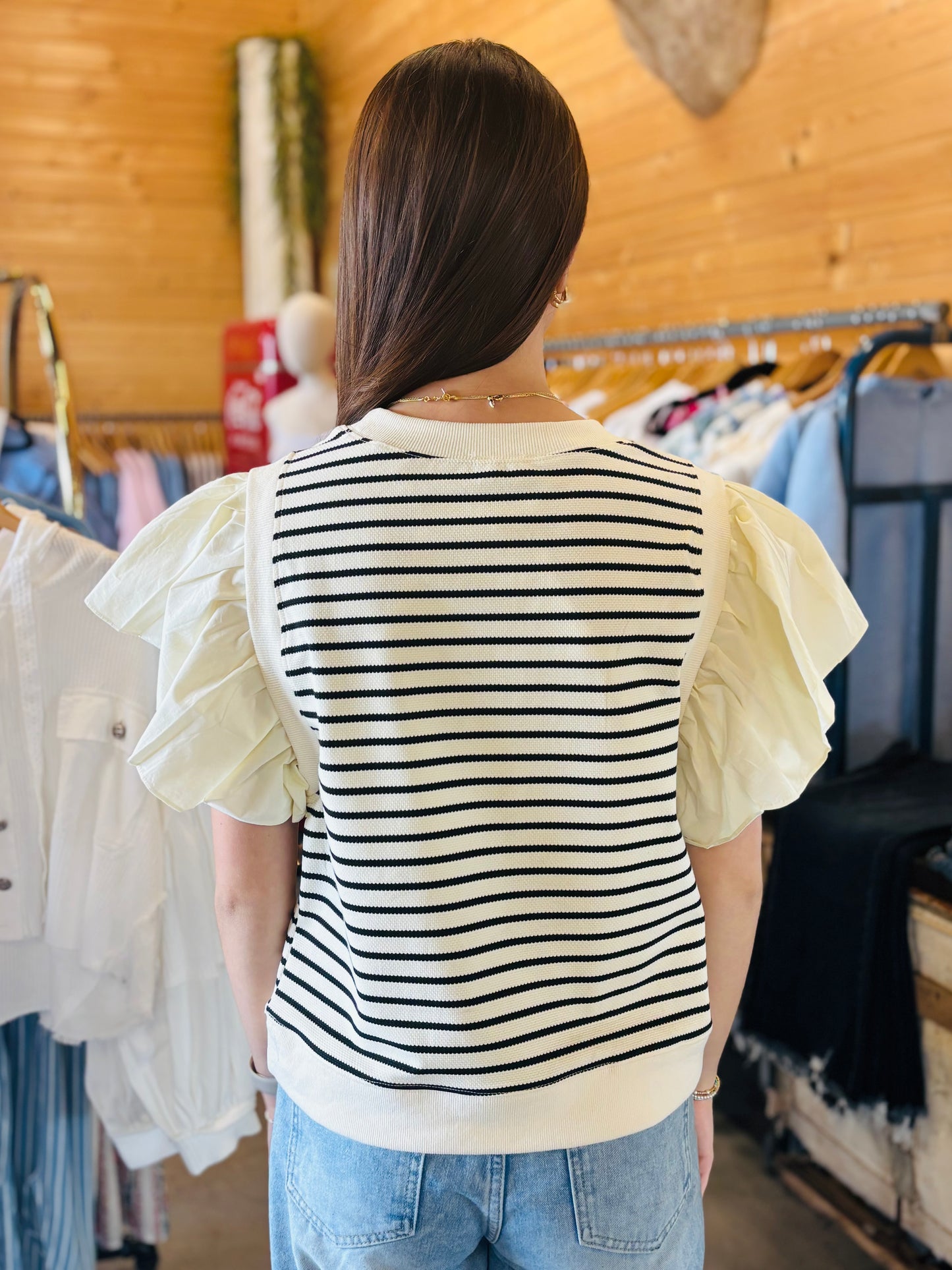 Striped Sweater Mixed Ruffle Blouse
