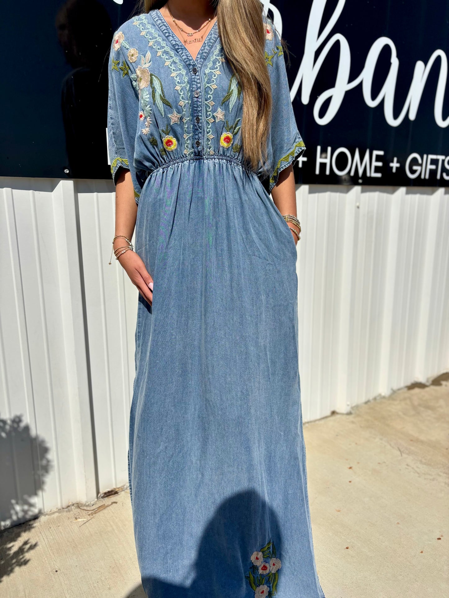 Davi Embroidered Denim Maxi Dress