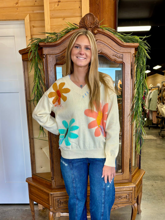 Flower Pattern V-Neck Sweater