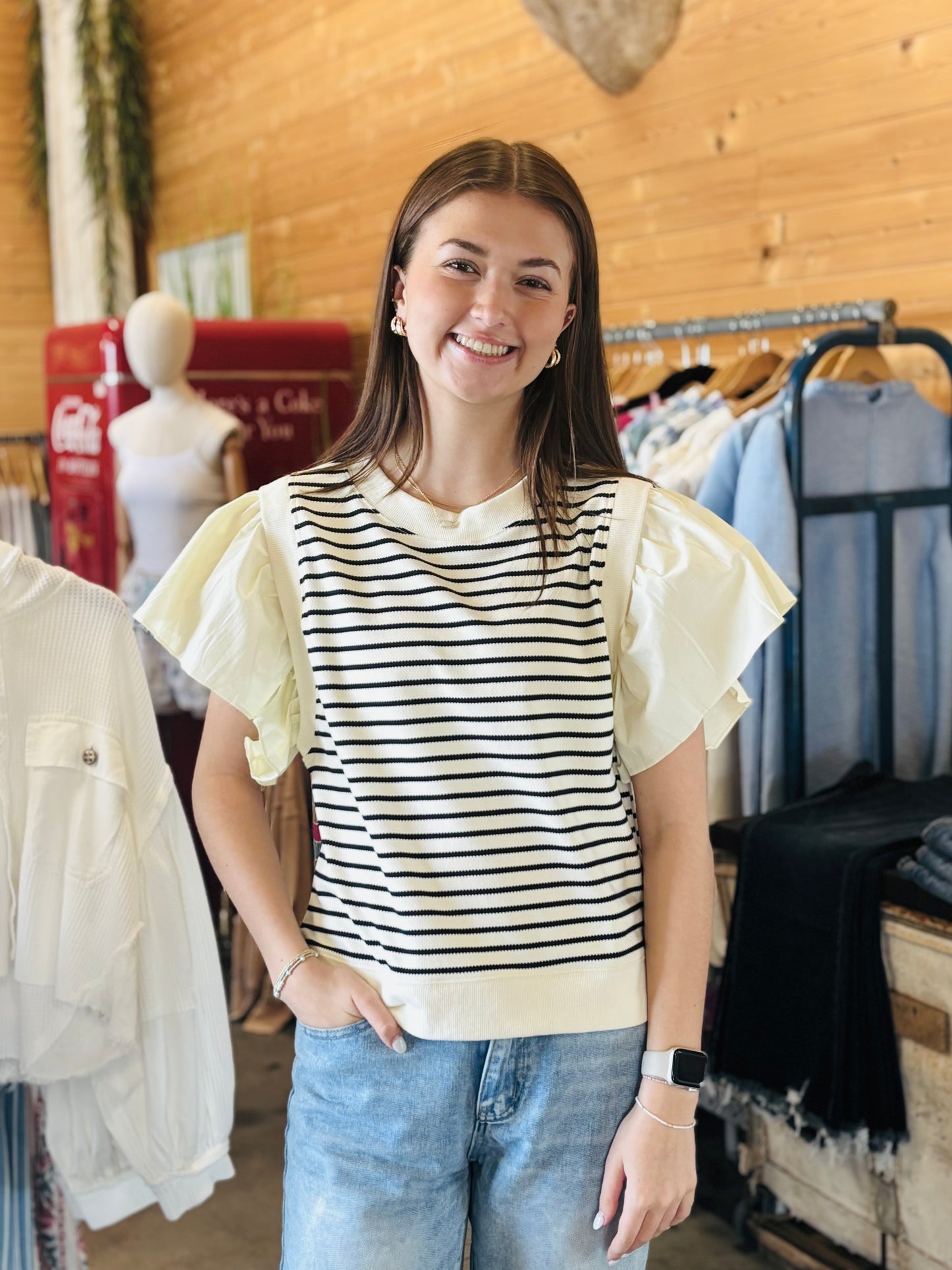 Striped Sweater Mixed Ruffle Blouse