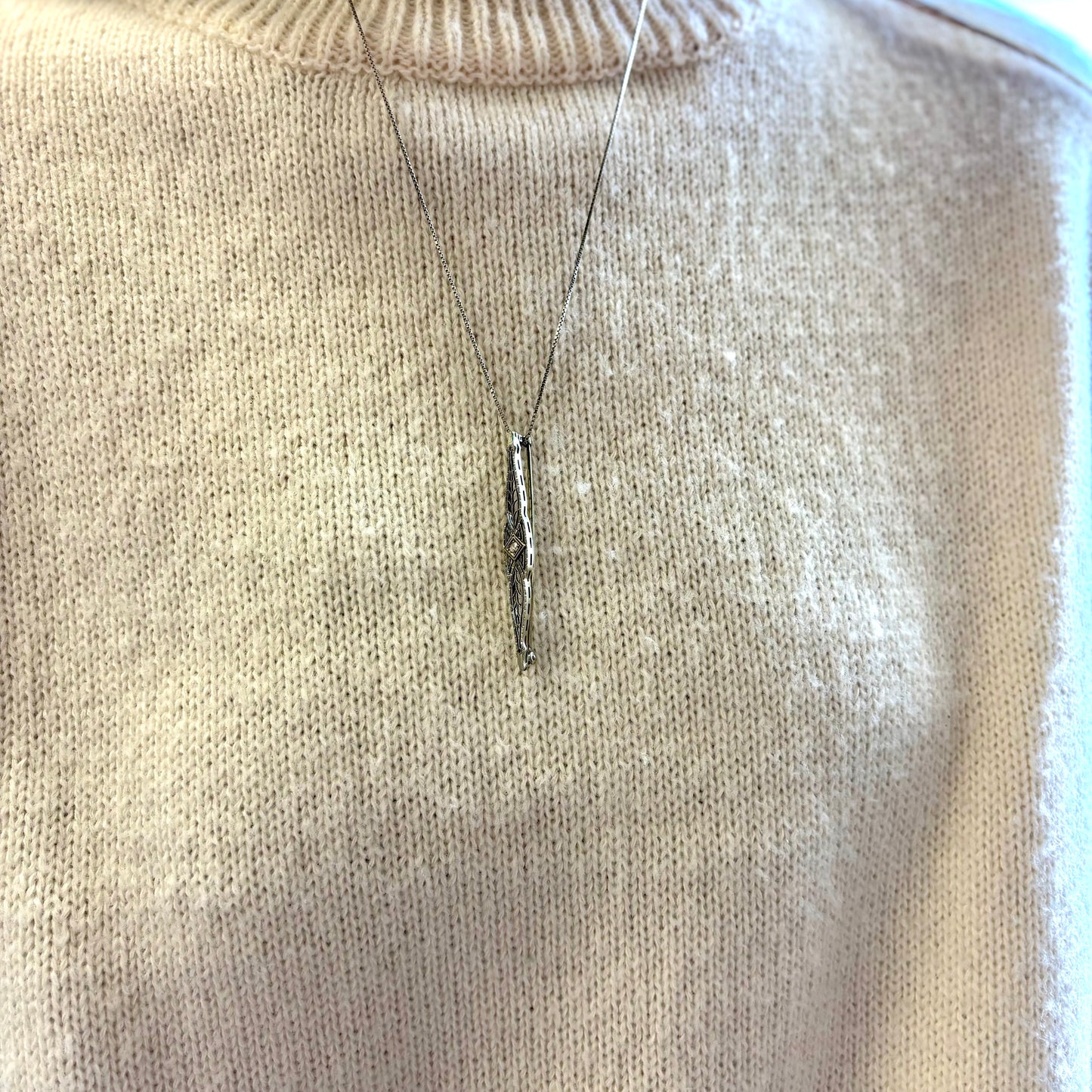 18k Gold Diamond Bar Pin on Sterling Chain
