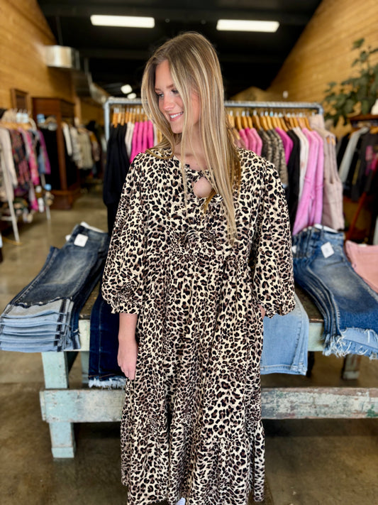 Leopard Puff Sleeve Midi Dress