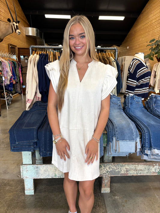 Flutter Sleeve Suede Dress